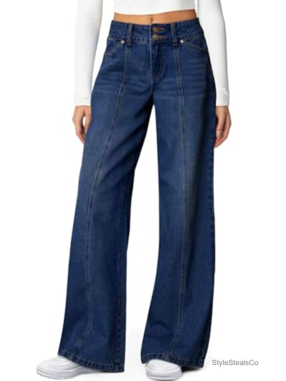 High Waisted Wide Leg Stretchy Straight Leg Jeans with Dual Button